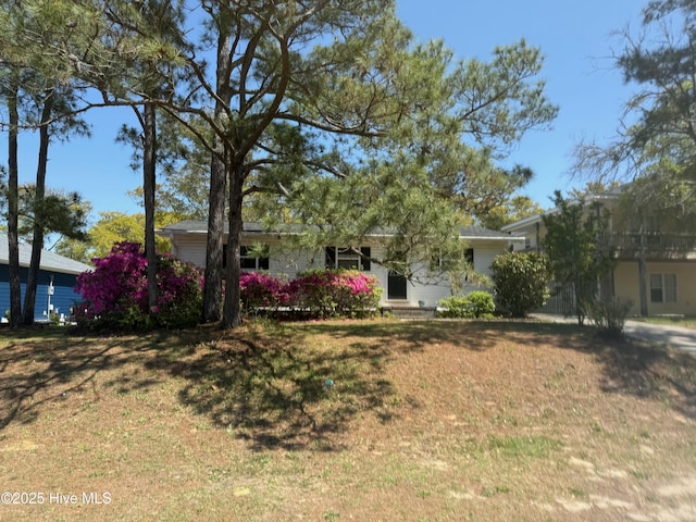 obstructed view of property with a front lawn