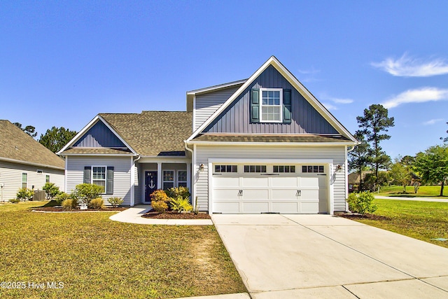 craftsman inspired home with driveway, board and batten siding, a front lawn, and central AC