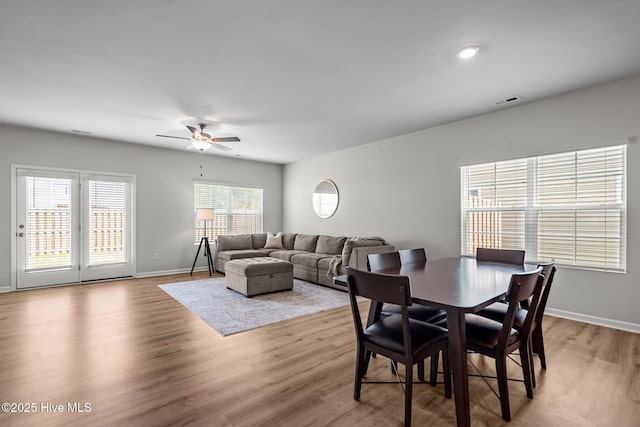 4541 Parsons Mill Dr, Castle Hayne, NC 28429 - dining area featuring wood finished floors, baseboards, a ceiling fan, and visible vents