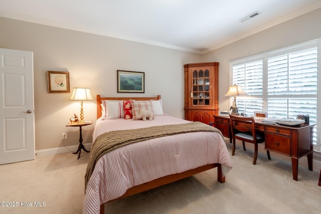 bedroom with light carpet, visible vents, baseboards, and crown molding