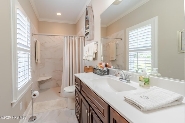 full bathroom with vanity, ornamental molding, toilet, marble finish floor, and a shower with shower curtain