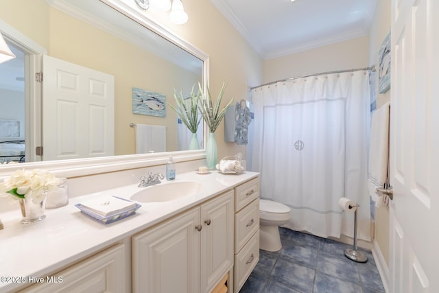 full bath with toilet, crown molding, and vanity