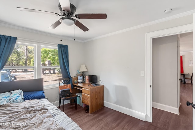 907 Bonham Ave, Wilmington, NC 28403 - bedroom featuring baseboards, a ceiling fan, wood finished floors, and crown molding