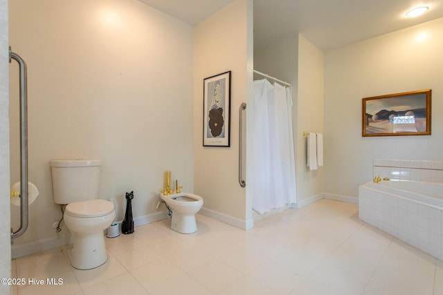 bathroom with a bath, baseboards, a shower with shower curtain, toilet, and a bidet