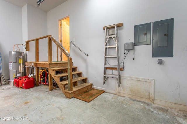basement with water heater, stairway, and electric panel
