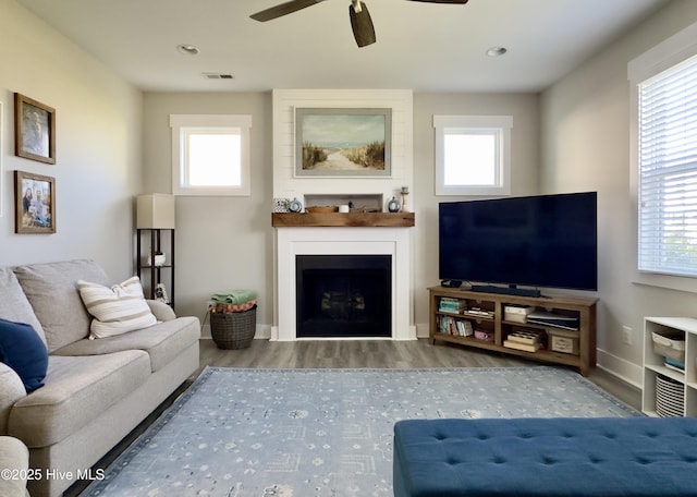 living area with plenty of natural light, a fireplace, wood finished floors, and ceiling fan