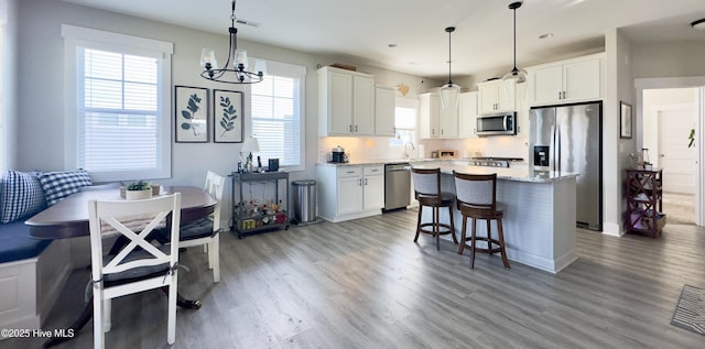 kitchen with wood finished floors, a notable chandelier, plenty of natural light, and appliances with stainless steel finishes