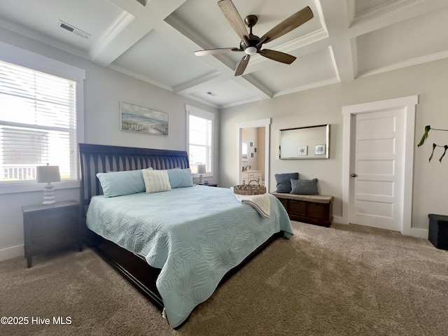bedroom with carpet flooring, coffered ceiling, beam ceiling, visible vents, and baseboards