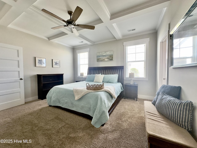carpeted bedroom featuring coffered ceiling, crown molding, visible vents, ceiling fan, and beamed ceiling
