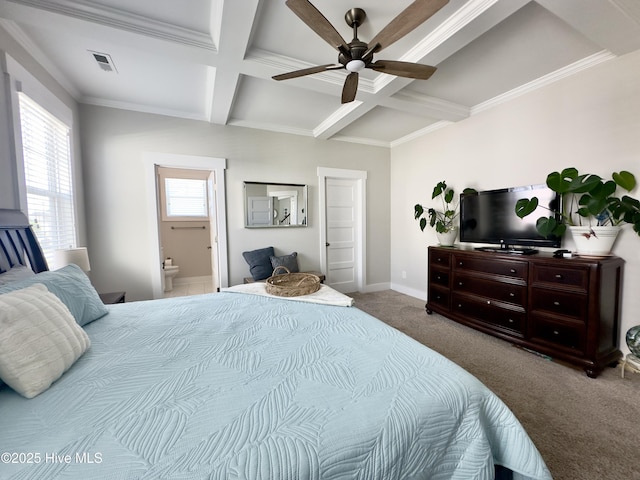 carpeted bedroom featuring coffered ceiling, beam ceiling, visible vents, and multiple windows
