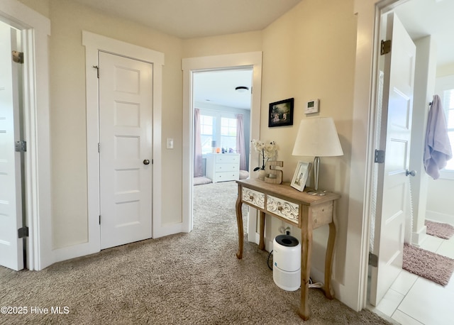 hall featuring baseboards and carpet floors