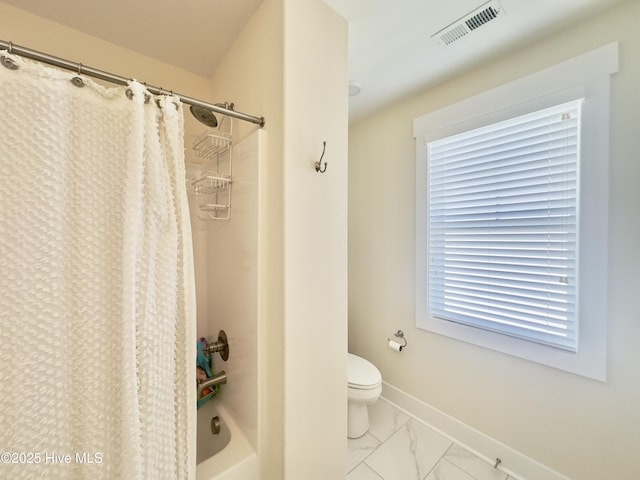 bathroom with toilet, visible vents, baseboards, shower / bathtub combination with curtain, and marble finish floor