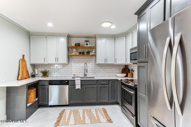 1369 Linden Rd, Aberdeen, NC 28315 - kitchen with appliances with stainless steel finishes, a sink, gray cabinets, tasteful backsplash, and open shelves
