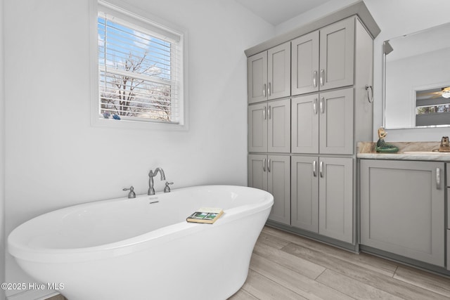 bathroom featuring a soaking tub, vanity, and wood finished floors