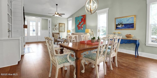 dining space featuring dark wood-style floors, ceiling fan, and plenty of natural light