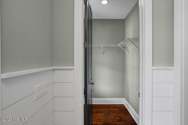 walk in closet with wood finished floors