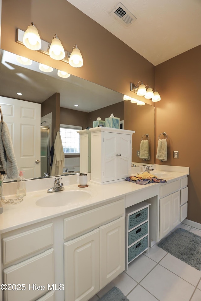 bathroom with visible vents, tile patterned floors, a stall shower, and vanity