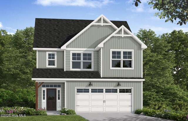 231 Rough Ridge Trl Unit 17, Aberdeen, NC 28315 - view of front of house with roof with shingles, an attached garage, concrete driveway, and board and batten siding