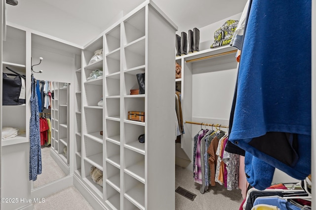 walk in closet with visible vents and carpet