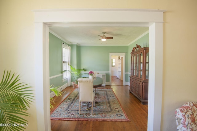 915 Saint David St, Tarboro, NC 27886 - dining area with ceiling fan, baseboards, crown molding, and wood finished floors
