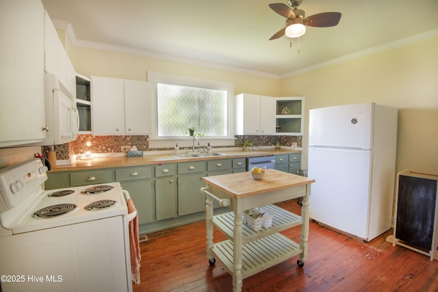 915 Saint David St, Tarboro, NC 27886 - kitchen featuring a sink, green cabinetry, white appliances, ceiling fan, and open shelves