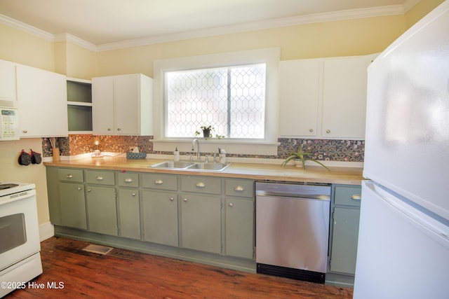 915 Saint David St, Tarboro, NC 27886 - kitchen featuring dark wood-style floors, a sink, backsplash, white appliances, and open shelves