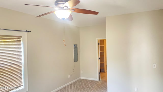3772 Old Maco Rd NE, Leland, NC 28451 - unfurnished room featuring baseboards, ceiling fan, electric panel, and light carpet
