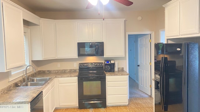 3772 Old Maco Rd NE, Leland, NC 28451 - kitchen featuring a ceiling fan, light countertops, white cabinets, a sink, and black appliances