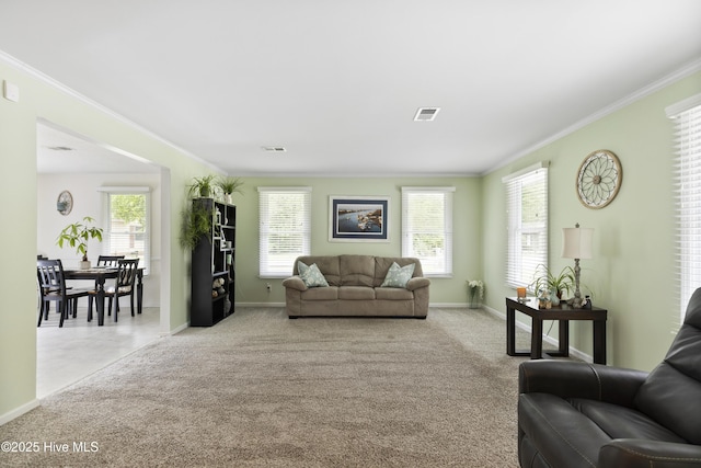 1 Pelican Ct, Carolina Shores, NC 28467 - carpeted living area featuring baseboards, visible vents, and ornamental molding