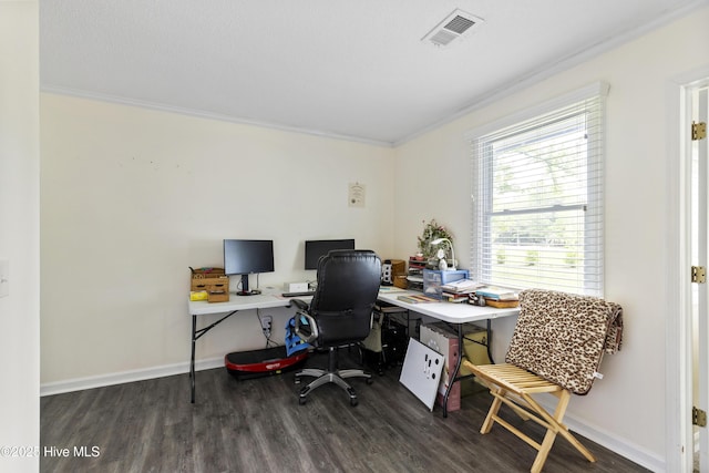 1 Pelican Ct, Carolina Shores, NC 28467 - office featuring baseboards, visible vents, ornamental molding, and wood finished floors