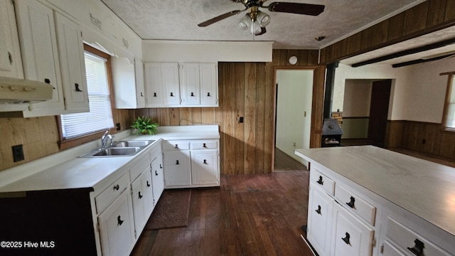 kitchen featuring wooden walls, dark wood-type flooring, a sink, and plenty of natural light