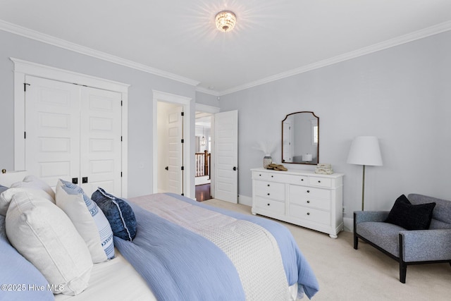 bedroom with visible vents, light colored carpet, and ornamental molding