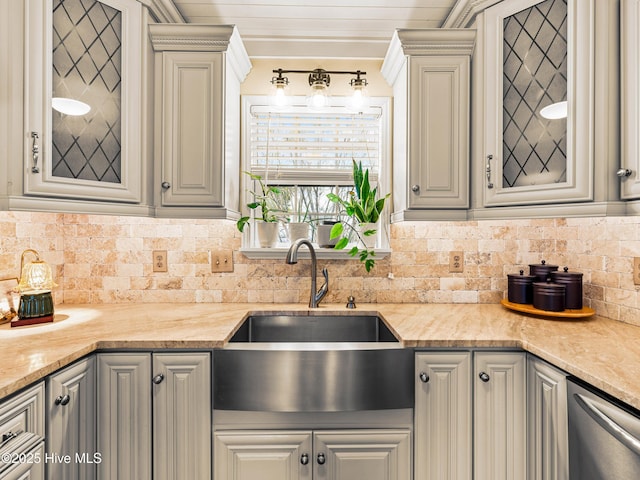 433 Dion Dr, Hubert, NC 28539 - kitchen featuring a sink, glass insert cabinets, backsplash, and dishwasher