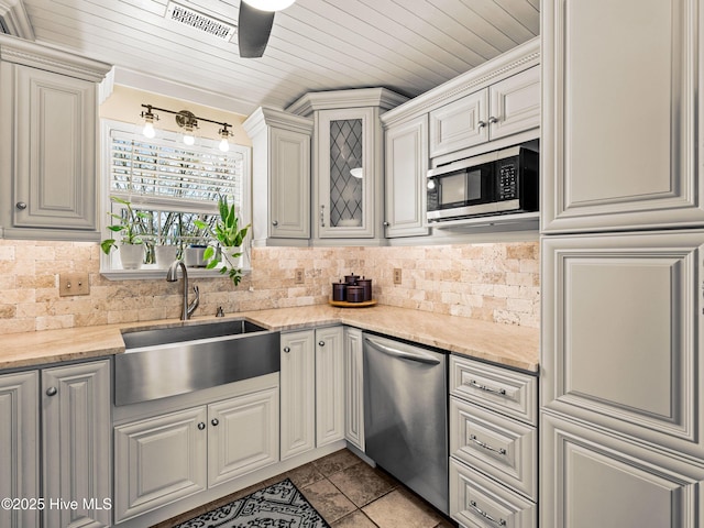 433 Dion Dr, Hubert, NC 28539 - kitchen with a sink, wood ceiling, appliances with stainless steel finishes, and backsplash