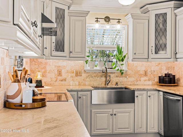 433 Dion Dr, Hubert, NC 28539 - kitchen with backsplash, glass insert cabinets, a sink, and dishwasher