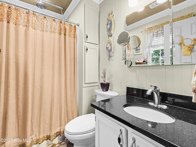433 Dion Dr, Hubert, NC 28539 - bathroom with toilet, ornamental molding, a shower with shower curtain, and vanity