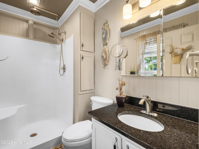 433 Dion Dr, Hubert, NC 28539 - full bath featuring crown molding, toilet, a walk in shower, and vanity