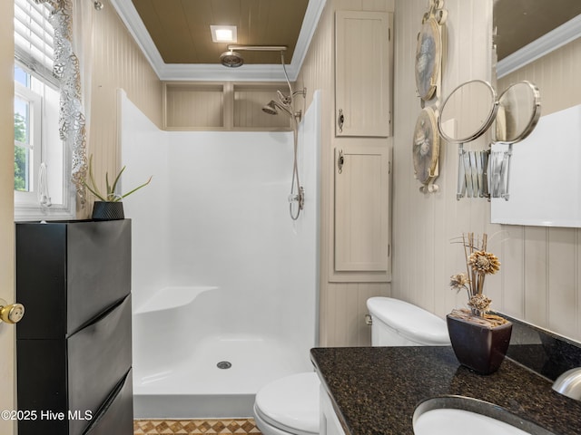 433 Dion Dr, Hubert, NC 28539 - full bathroom with crown molding, toilet, a walk in shower, and vanity