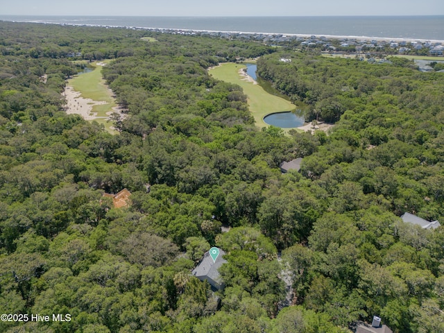 bird's eye view with a view of trees and a water view