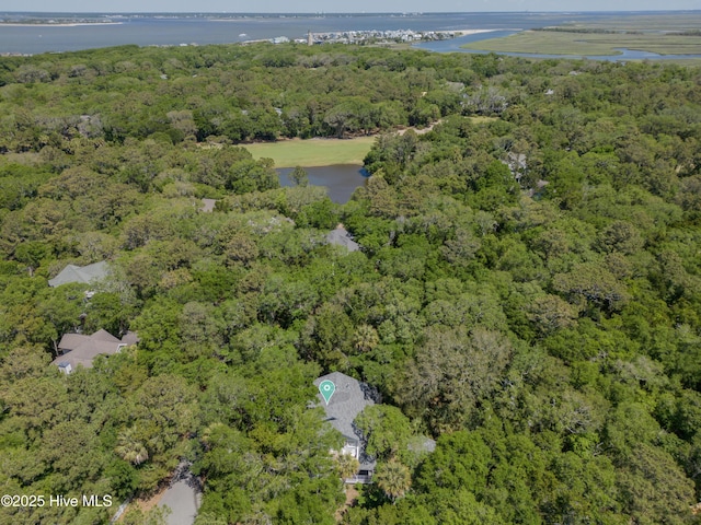 drone / aerial view with a wooded view and a water view