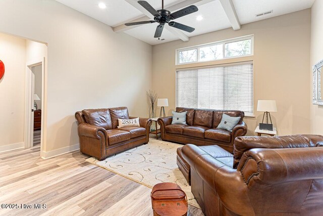 20 Barkley Ln, Pinehurst, NC 28374 - living area with visible vents, ceiling fan, light wood-style floors, and beamed ceiling