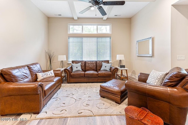 20 Barkley Ln, Pinehurst, NC 28374 - living area with ceiling fan, visible vents, beam ceiling, and wood finished floors