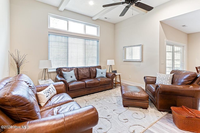 20 Barkley Ln, Pinehurst, NC 28374 - living area featuring beam ceiling, a ceiling fan, plenty of natural light, and wood finished floors