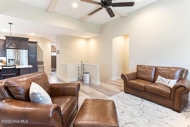 20 Barkley Ln, Pinehurst, NC 28374 - living area with light wood-style floors, beamed ceiling, baseboards, and a ceiling fan