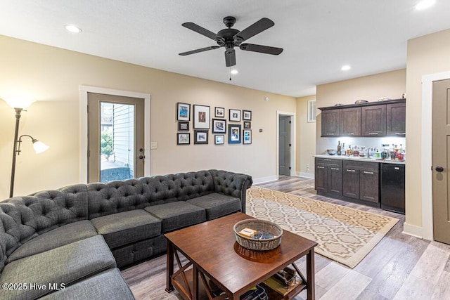 20 Barkley Ln, Pinehurst, NC 28374 - living area featuring indoor bar, light wood-style flooring, recessed lighting, and a ceiling fan