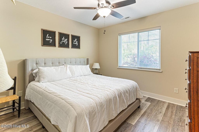 20 Barkley Ln, Pinehurst, NC 28374 - bedroom featuring visible vents, baseboards, a ceiling fan, and wood finished floors