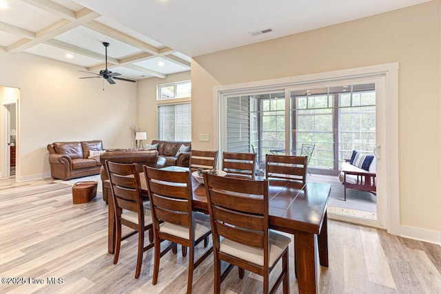 20 Barkley Ln, Pinehurst, NC 28374 - dining area featuring visible vents, ceiling fan, light wood-type flooring, beam ceiling, and coffered ceiling
