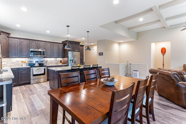 20 Barkley Ln, Pinehurst, NC 28374 - dining space with beamed ceiling, recessed lighting, coffered ceiling, and light wood-style floors
