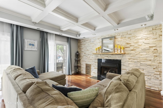 604 Lanvale Hills Cir, Leland, NC 28451 - living area with beamed ceiling, ornamental molding, and coffered ceiling