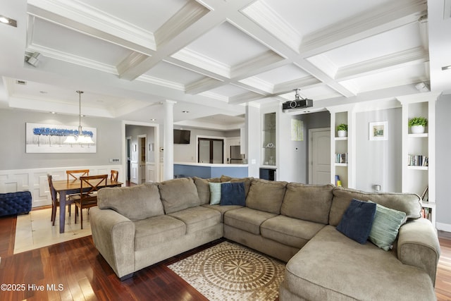 604 Lanvale Hills Cir, Leland, NC 28451 - living area with coffered ceiling, crown molding, dark wood-type flooring, and decorative columns